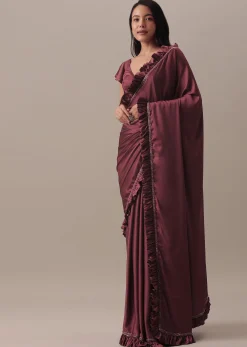 Dusty Maroon Satin Saree With Frilled Sleeved Blouses
