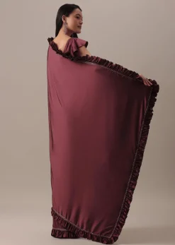 Dusty Maroon Satin Saree With Frilled Sleeved Blouses