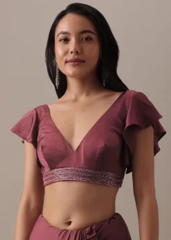 Dusty Maroon Satin Saree With Frilled Sleeved Blouses