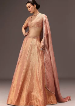 Dusty Peach Banarasi Silk Hand Work Lehenga Set