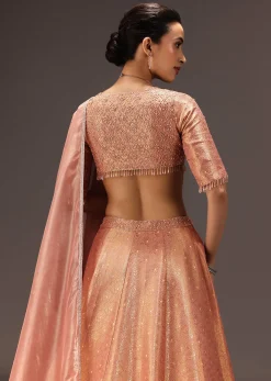 Dusty Peach Banarasi Silk Hand Work Lehenga Set