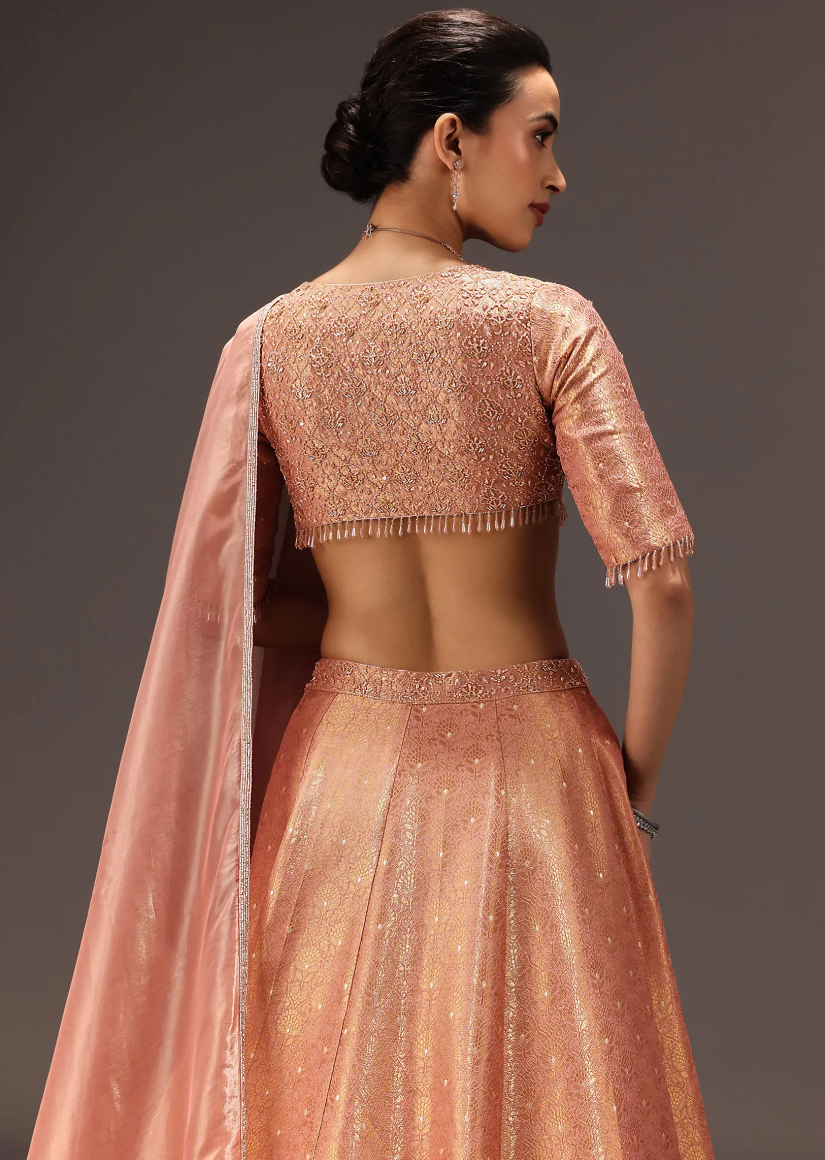 Dusty Peach Banarasi Silk Hand Work Lehenga Set