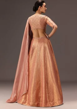 Dusty Peach Banarasi Silk Hand Work Lehenga Set