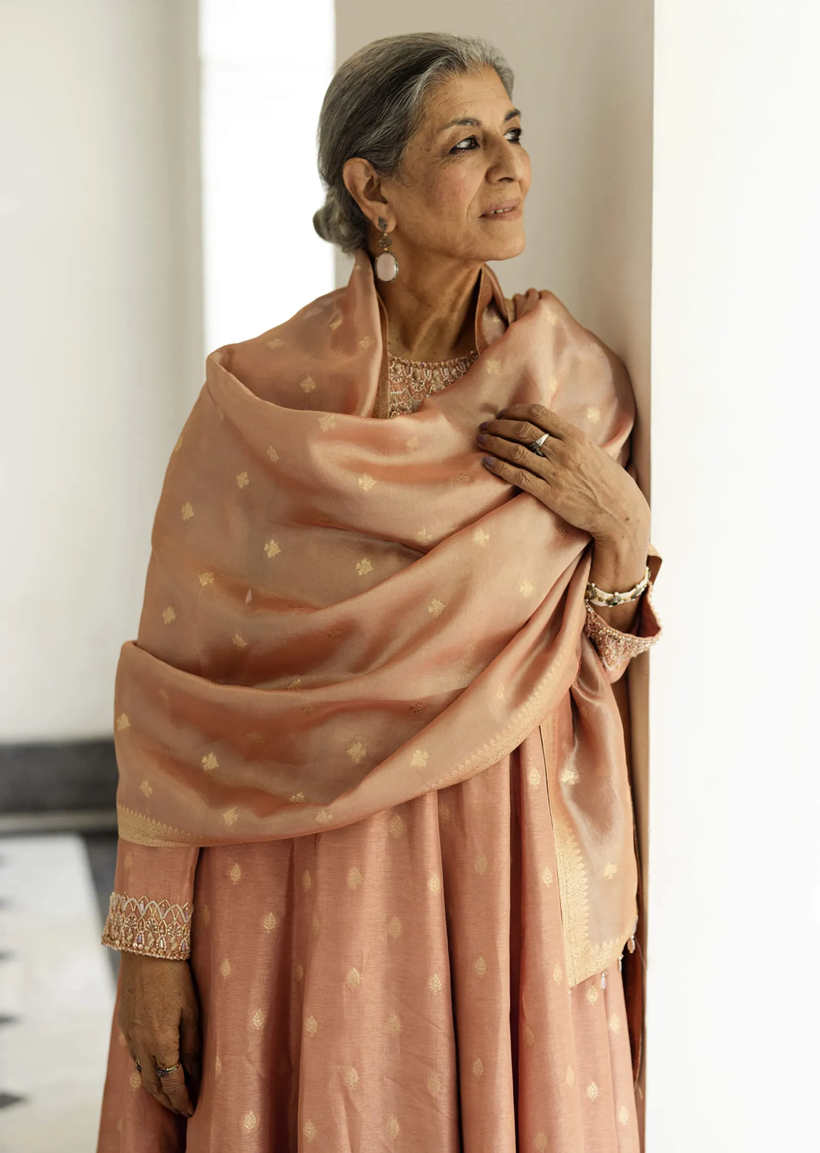 Dusty Peach Embroidered Anarkali Paired With Pant And Dupatta