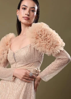 Dusty Peach Embroidered Ruffle Sleeve Gown