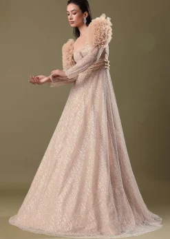 Dusty Peach Embroidered Ruffle Sleeve Gown