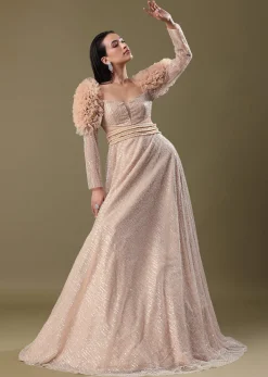 Dusty Peach Embroidered Ruffle Sleeve Gown