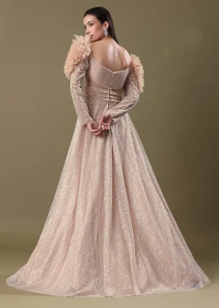 Dusty Peach Embroidered Ruffle Sleeve Gown