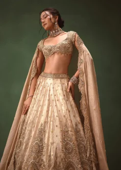 Dusty Pink Brocade Hand Embroidered Bridal Lehenga With Two Dupattas