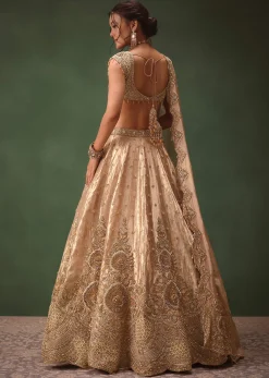 Dusty Pink Brocade Hand Embroidered Bridal Lehenga With Two Dupattas