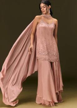 Dusty Pink Chinon Embroidered Kurti With Flared Pant And Choker Dupatta