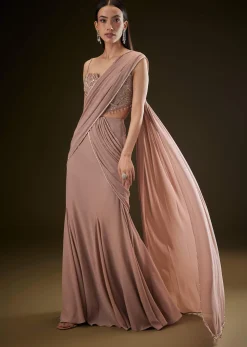 Dusty Pink Fishcut Drape Saree With Embellished Corset Blouse