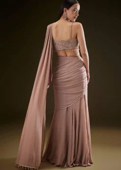 Dusty Pink Fishcut Drape Saree With Embellished Corset Blouse