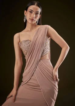 Dusty Pink Fishcut Drape Saree With Embellished Corset Blouse