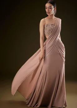 Dusty Pink Fishcut Drape Saree With Embellished Corset Blouse