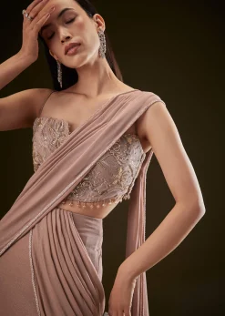 Dusty Pink Fishcut Drape Saree With Embellished Corset Blouse
