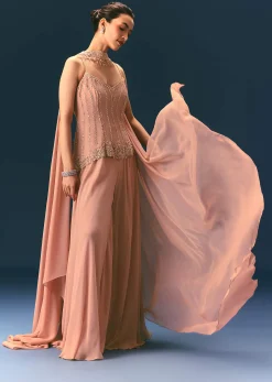 Dusty Pink Hand Embroidered Sharara Suit With Choker Dupatta