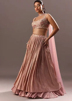 Dusty Pink Ruching Lehenga With Embroidered Blouse And Choker Dupatta