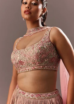 Dusty Pink Ruching Lehenga With Embroidered Blouse And Choker Dupatta