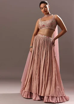 Dusty Pink Ruching Lehenga With Embroidered Blouse And Choker Dupatta