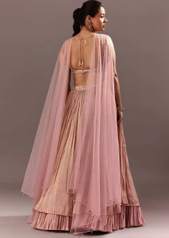 Dusty Pink Ruching Lehenga With Embroidered Blouse And Choker Dupatta