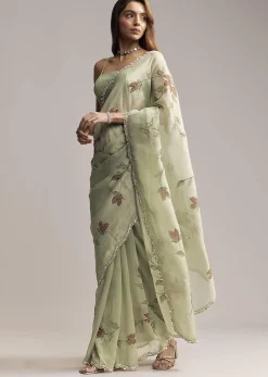 Dusty Pista Green Tissue Saree With Floral Embroidery