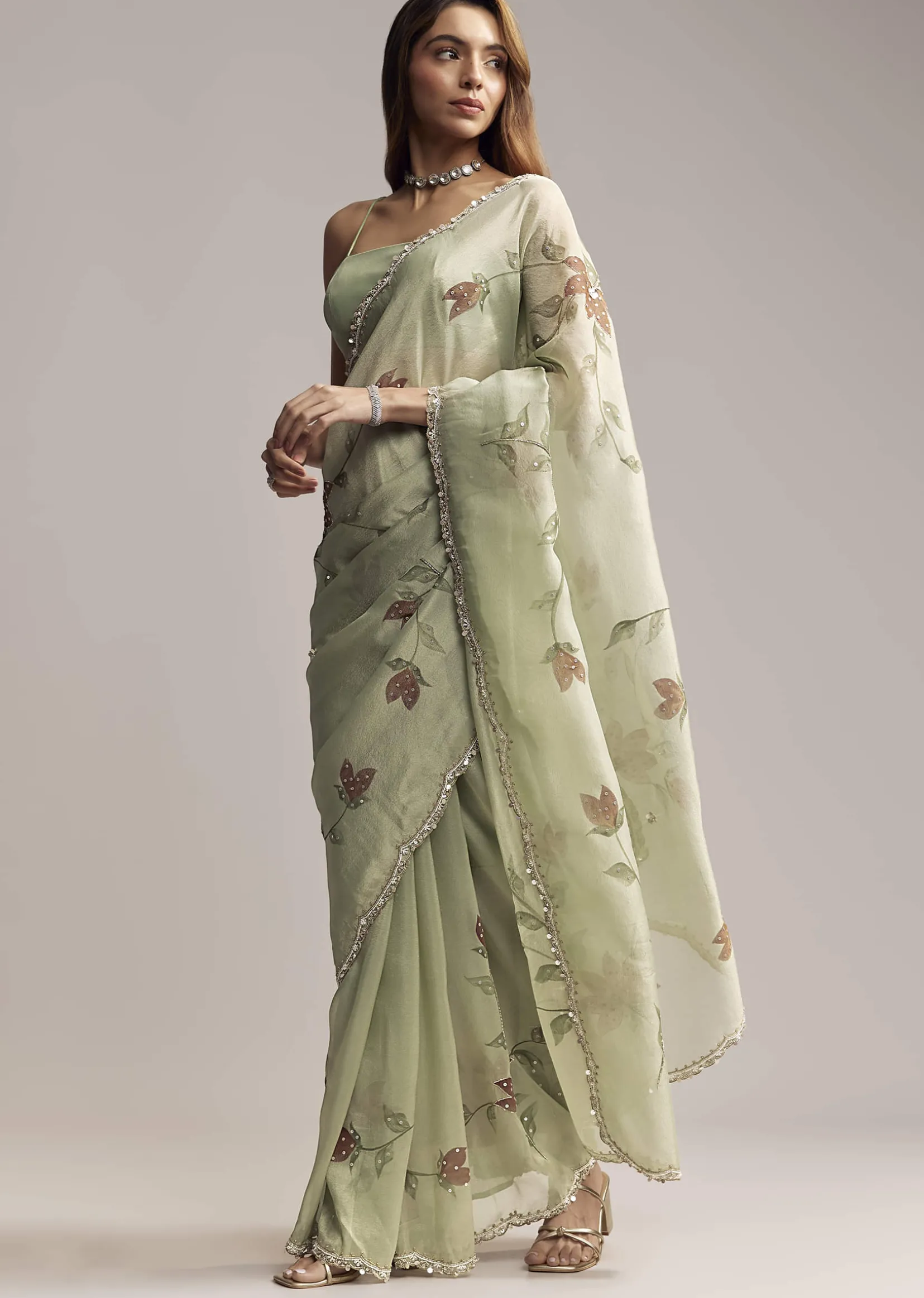 Dusty Pista Green Tissue Saree With Floral Embroidery