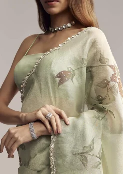 Dusty Pista Green Tissue Saree With Floral Embroidery