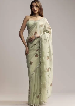 Dusty Pista Green Tissue Saree With Floral Embroidery