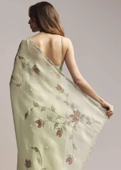Dusty Pista Green Tissue Saree With Floral Embroidery