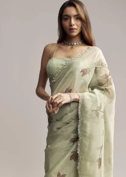 Dusty Pista Green Tissue Saree With Floral Embroidery