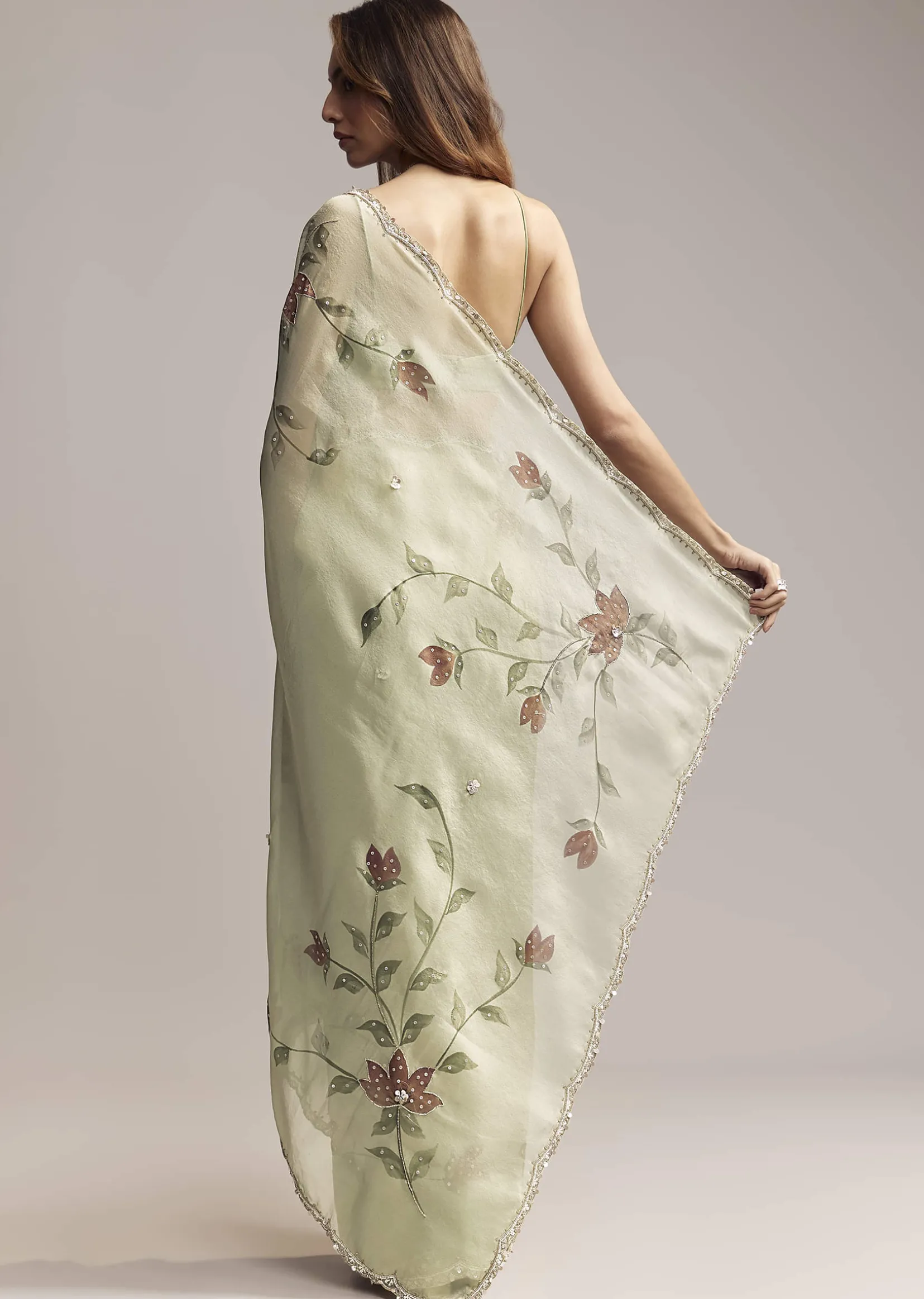 Dusty Pista Green Tissue Saree With Floral Embroidery