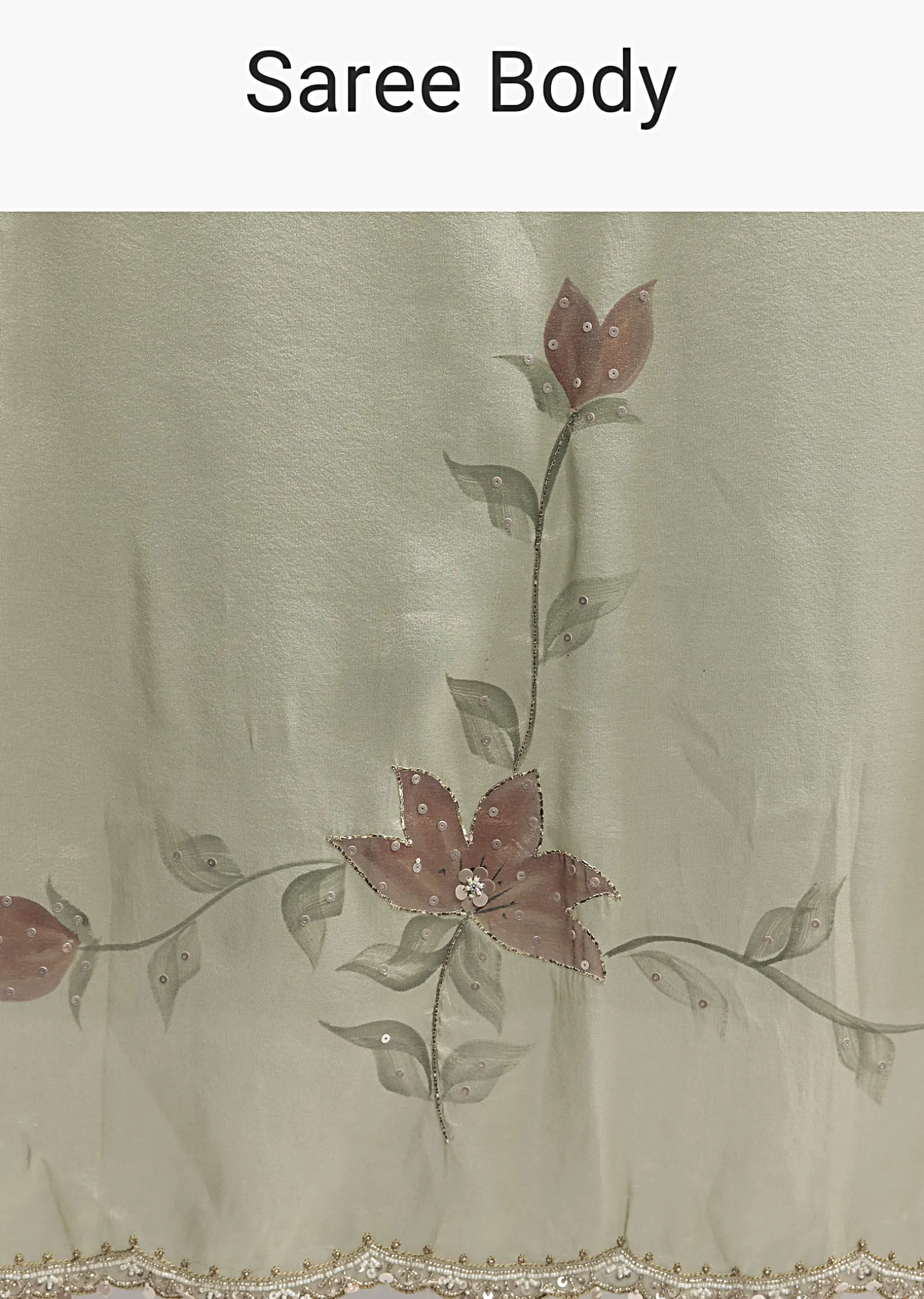 Dusty Pista Green Tissue Saree With Floral Embroidery