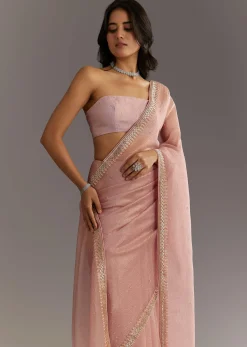 Dusty Rose Cutdana And Stone Embroidered Tissue Saree