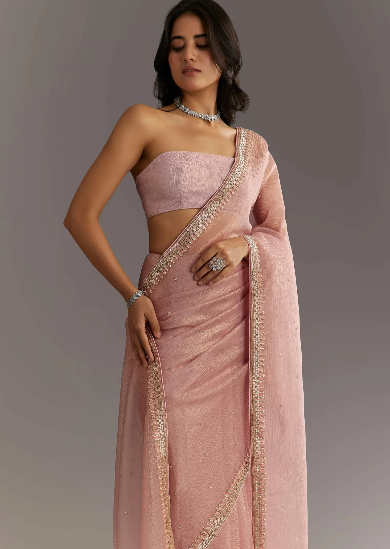 Dusty Rose Cutdana And Stone Embroidered Tissue Saree