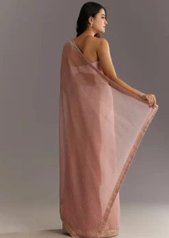 Dusty Rose Cutdana And Stone Embroidered Tissue Saree