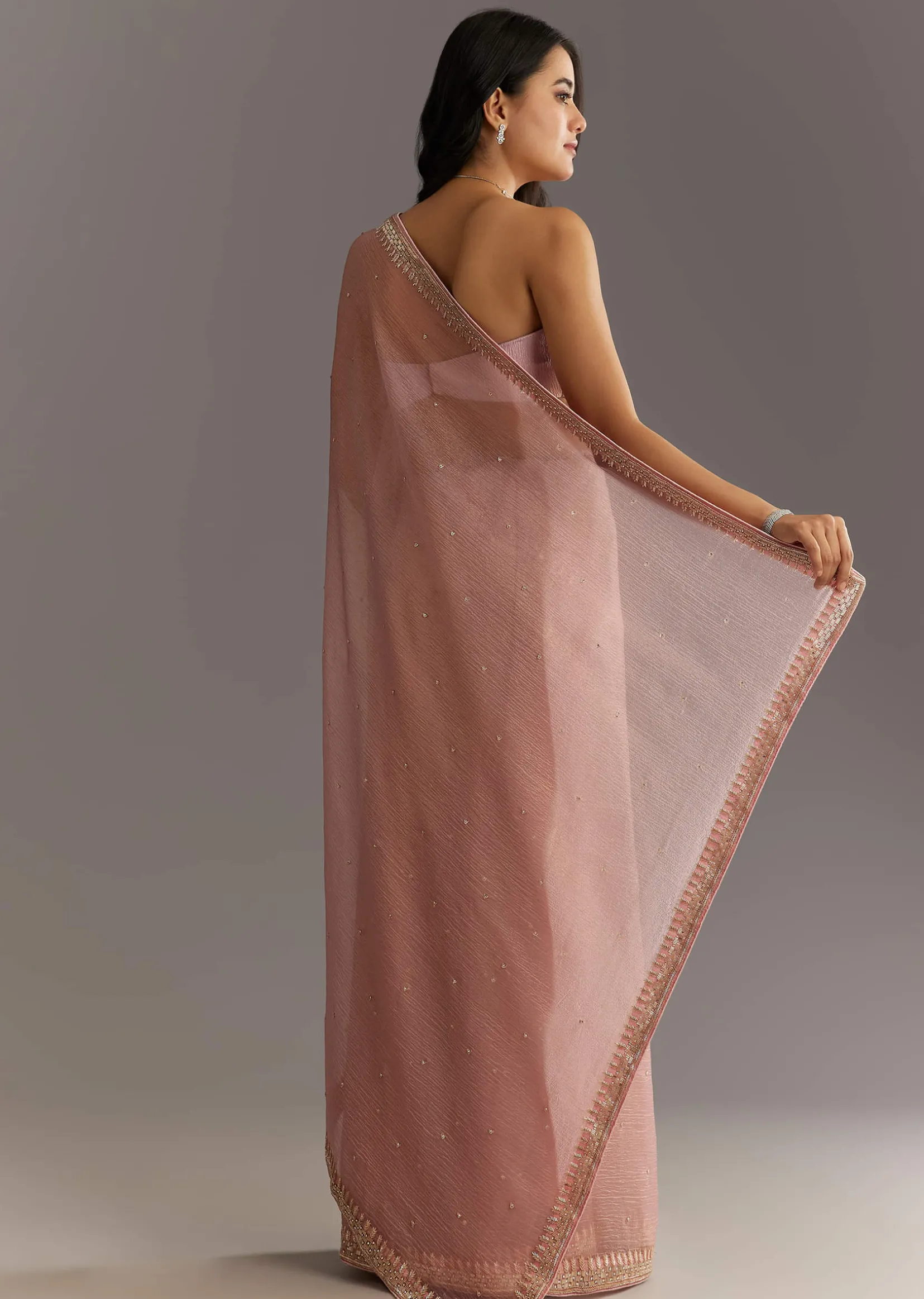Dusty Rose Cutdana And Stone Embroidered Tissue Saree