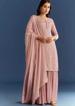Dusty Rose Pink Chinon Kurta Set With Cutdana Embroidered Sharara