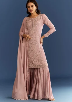 Dusty Rose Pink Chinon Kurta Set With Cutdana Embroidered Sharara