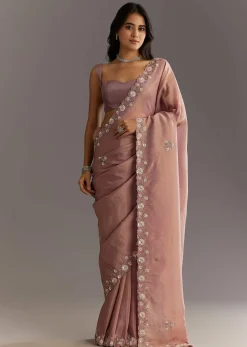 Dusty Rose Tissue Saree With Floral Embroidered Scallop Border