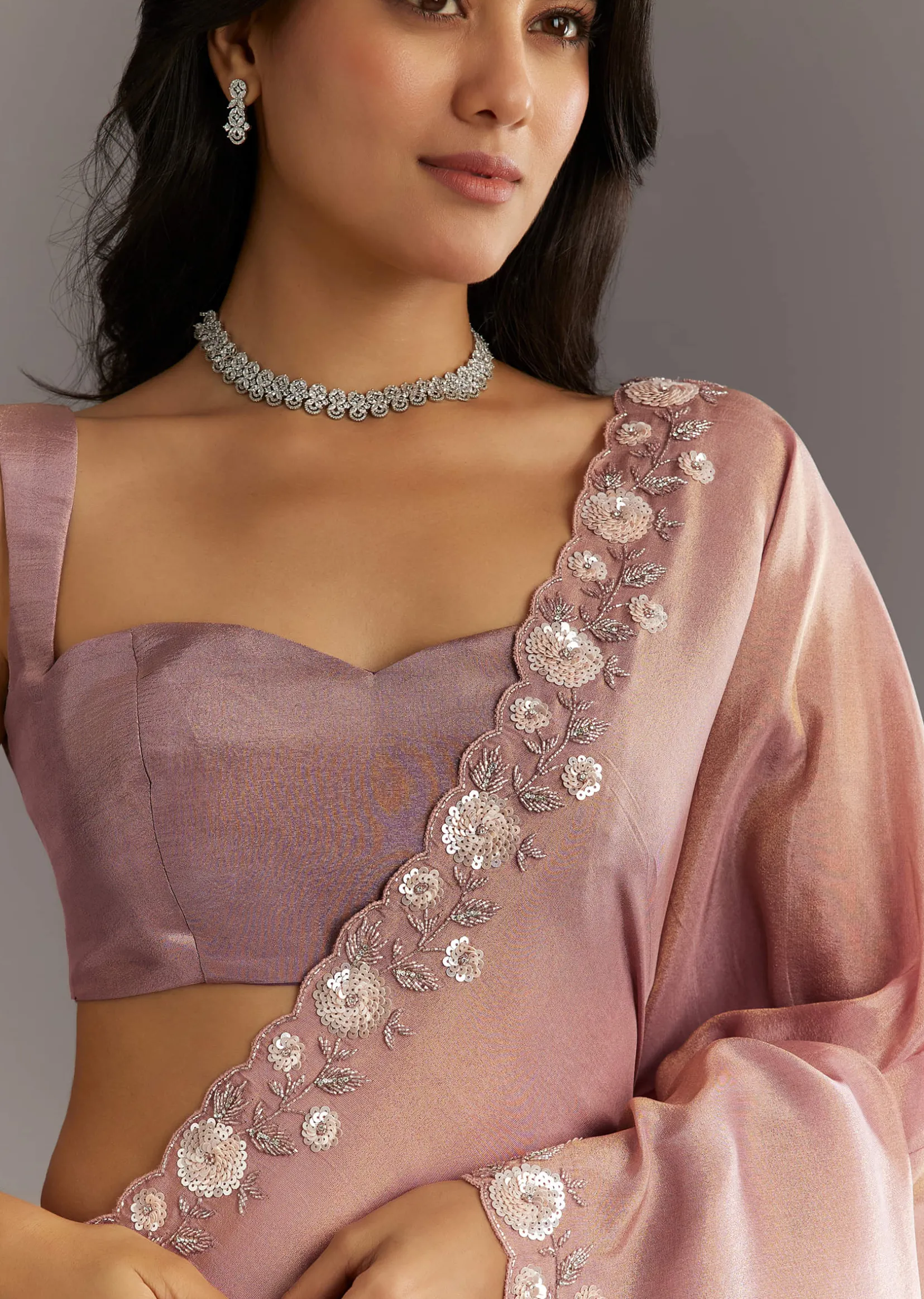 Dusty Rose Tissue Saree With Floral Embroidered Scallop Border