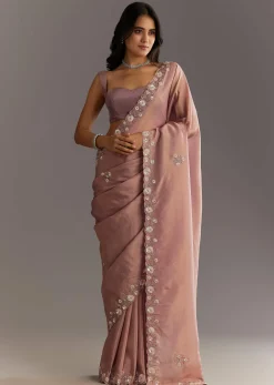 Dusty Rose Tissue Saree With Floral Embroidered Scallop Border