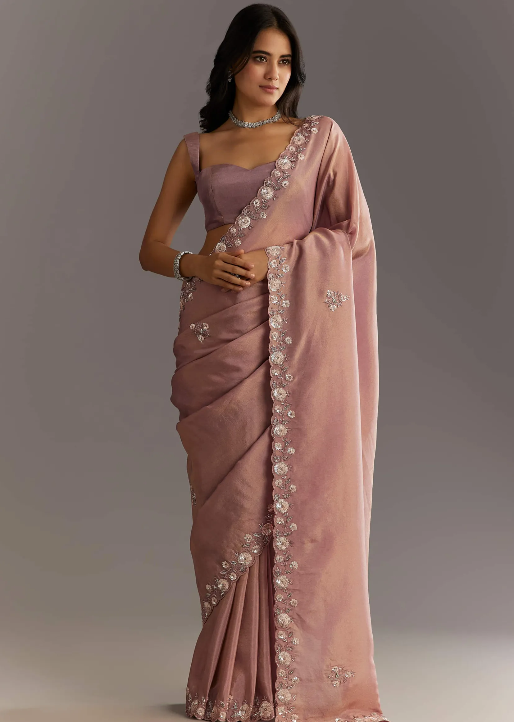 Dusty Rose Tissue Saree With Floral Embroidered Scallop Border