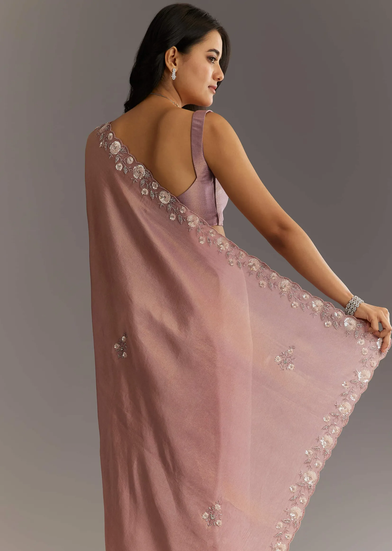 Dusty Rose Tissue Saree With Floral Embroidered Scallop Border