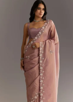 Dusty Rose Tissue Saree With Floral Embroidered Scallop Border