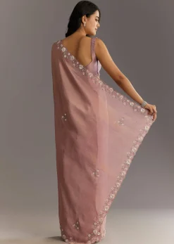 Dusty Rose Tissue Saree With Floral Embroidered Scallop Border