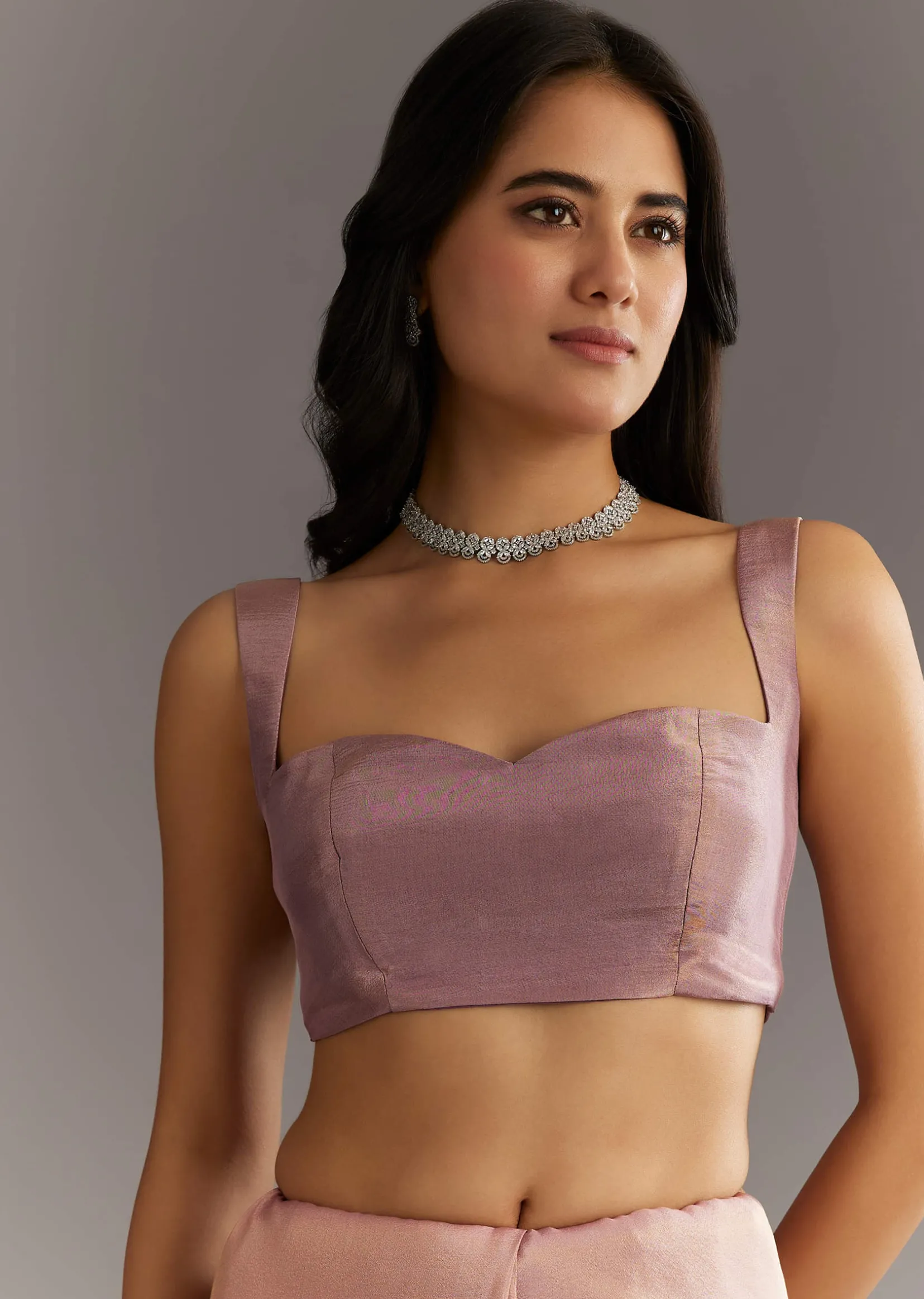 Dusty Rose Tissue Saree With Floral Embroidered Scallop Border