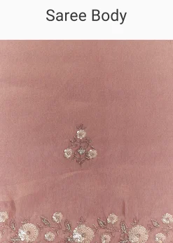 Dusty Rose Tissue Saree With Floral Embroidered Scallop Border