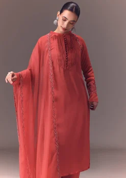 Dusty Rust Organza Kurta Set With Raglan Sleeves