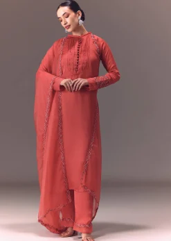 Dusty Rust Organza Kurta Set With Raglan Sleeves